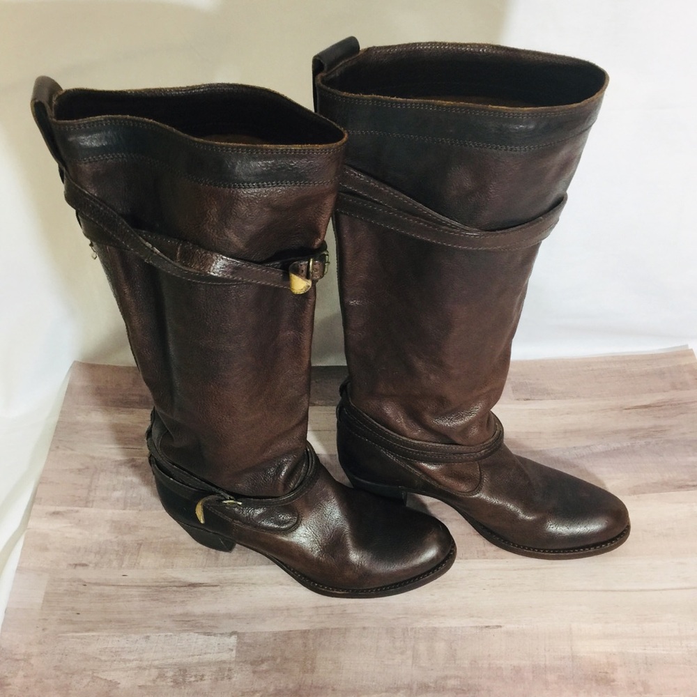 Frye Tall Jane Strappy Boots Brown